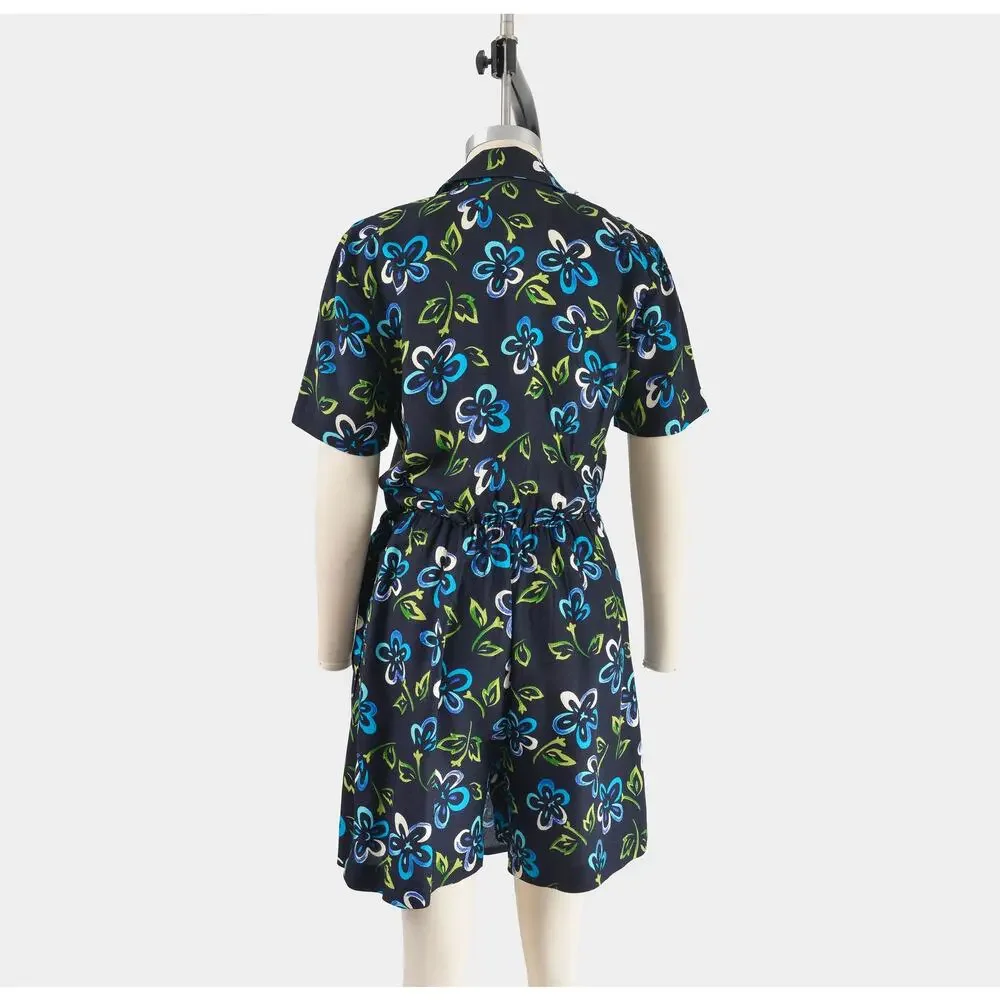 Vintage 90s Floral Rayon Romper Navy Wrap Playsuit Boho Summer Shorts Jumpsuit S